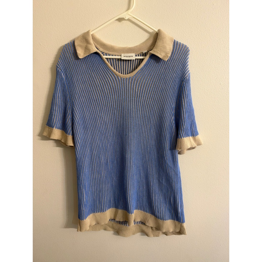 Bonobos Mens Hudson Sweater Blue Tan Ribbed Knit Short Sleeve V-Neck Size Medium